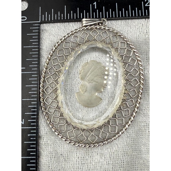 Vintage Cameo Pendant Intaglio Reverse Carved Silver Tone - Picture 4 of 7